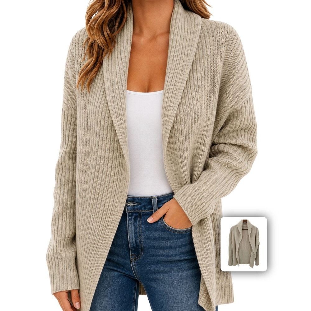 RD Style Women's Beige Ribbed Open-Front Cardigan